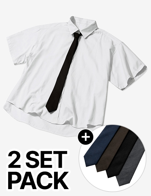 [웰컴여름](넥타이+셔츠 SET)코튼 사이드 슬릿 오버핏 하프 셔츠 [WHITE]_SESH009WHITE