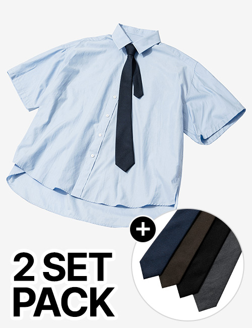 [웰컴여름](넥타이+셔츠 SET)코튼 사이드 슬릿 오버핏 하프 셔츠 [SKYBLUE]_SESH009SKYBLUE